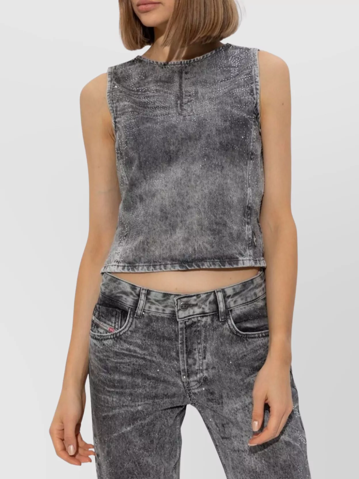 Diesel Distressed Embellished Fitted Sleeveless Top