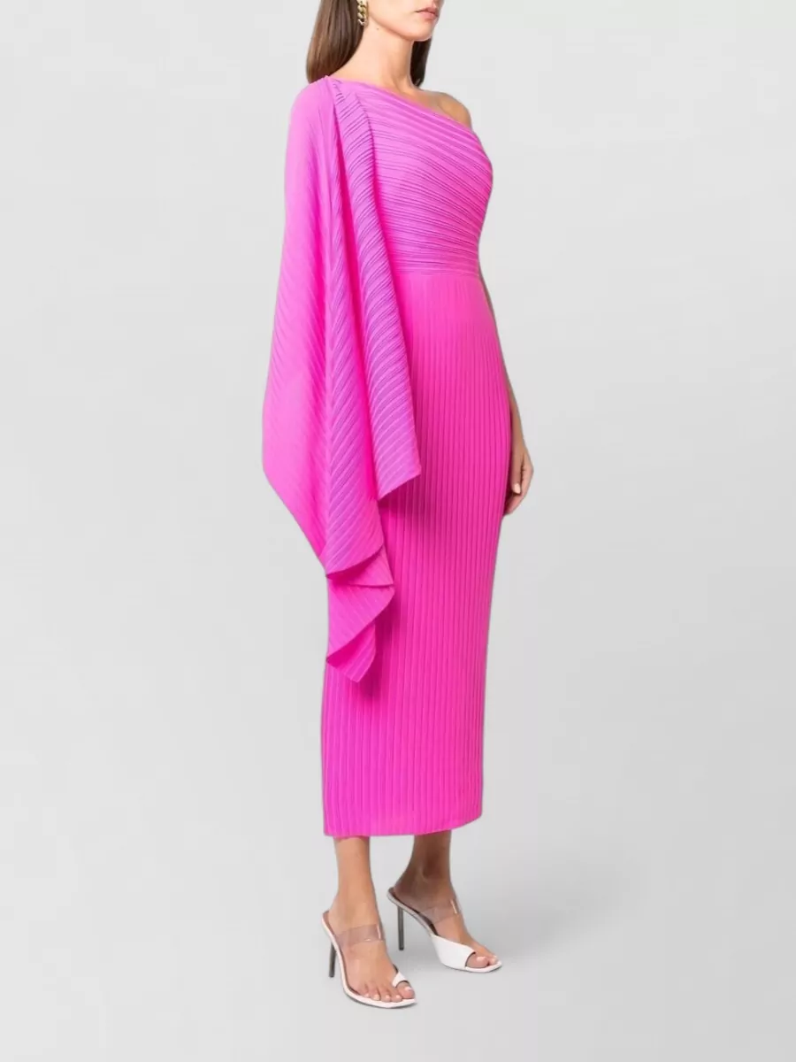 Solace London Draped Ribbed One-Shoulder Long-Sleeve Midi Dress