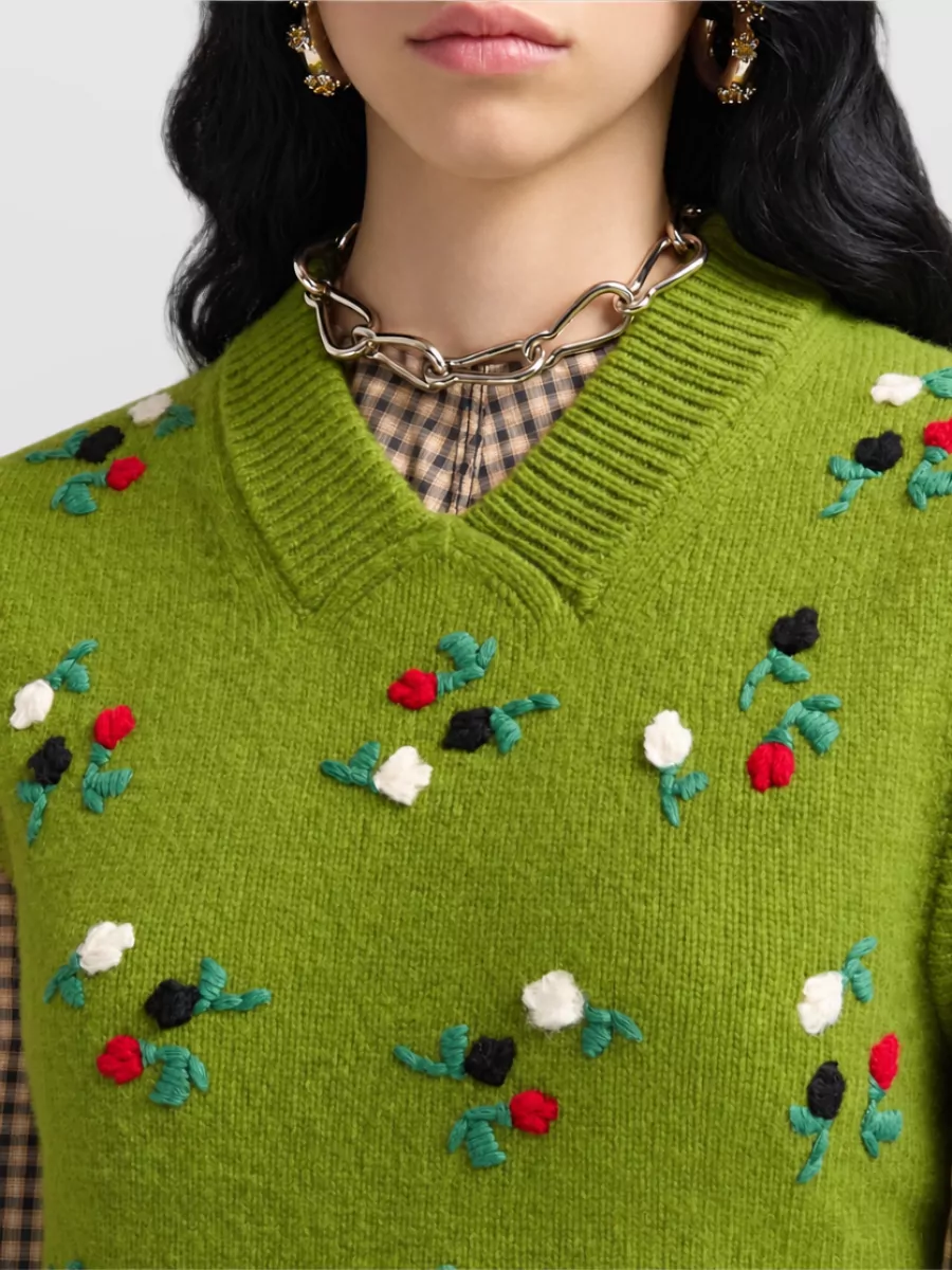 Marni Cashmere Floral-Embroidered Ribbed V-Neck Sleeveless Knitted Top