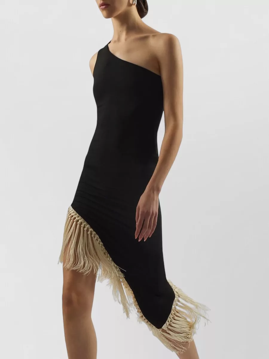 Taller Marmo One-Shoulder Sleeveless Asymmetric Fringe Mini Dress