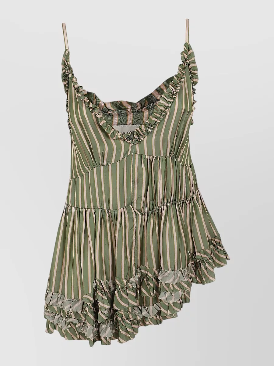 Dries Van Noten Striped Satin Asymmetric Ruffled V-Neck Tank Top