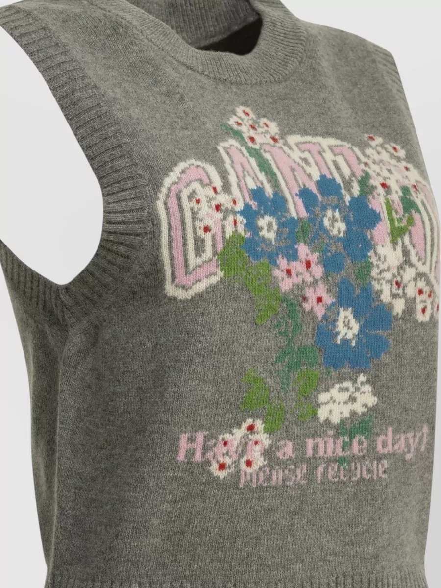 Ganni Wool Floral-Print Ribbed Crewneck Vest