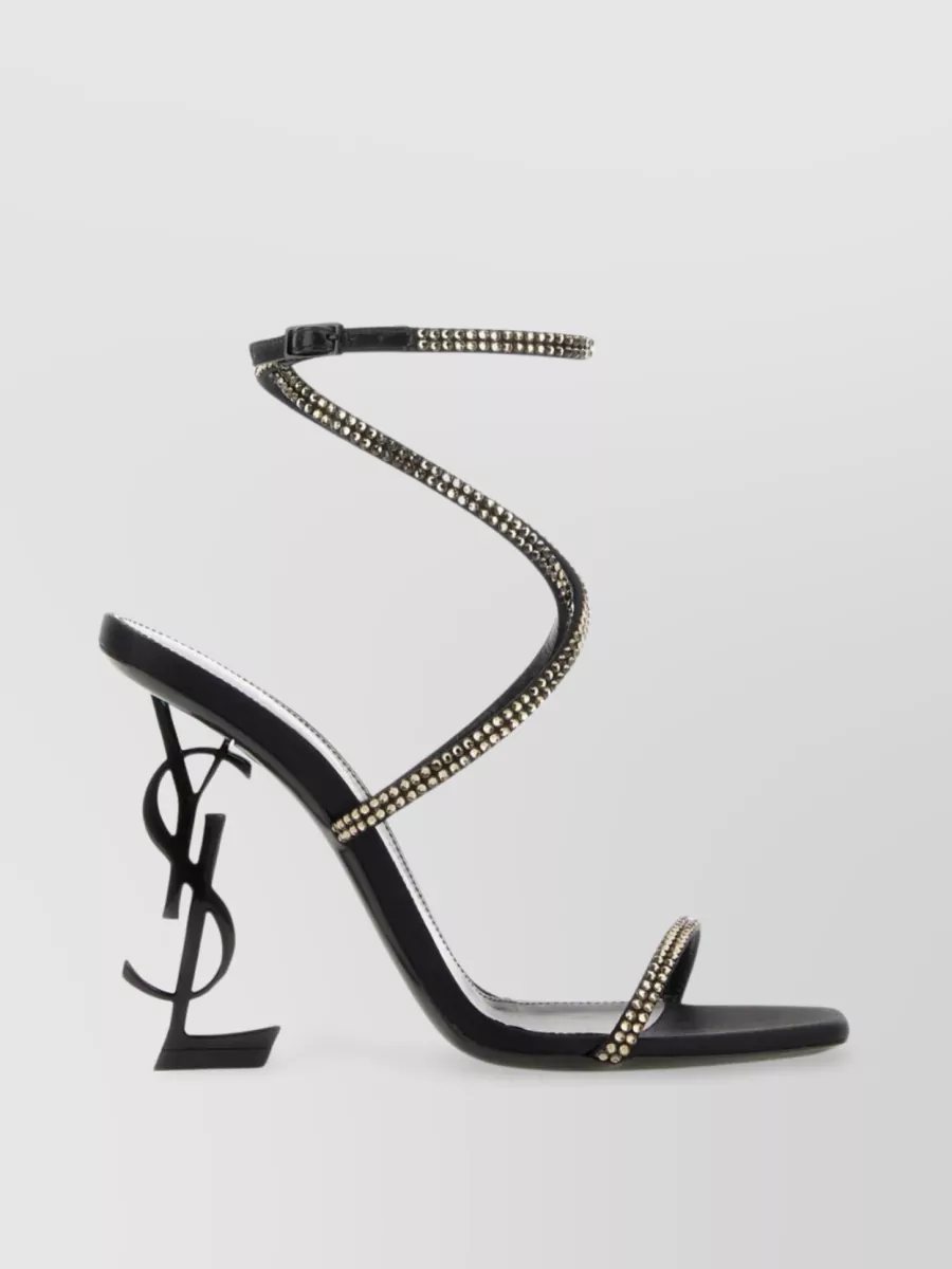 Shop Saint Laurent Satin Embellished Strap Heel Sandals In Black