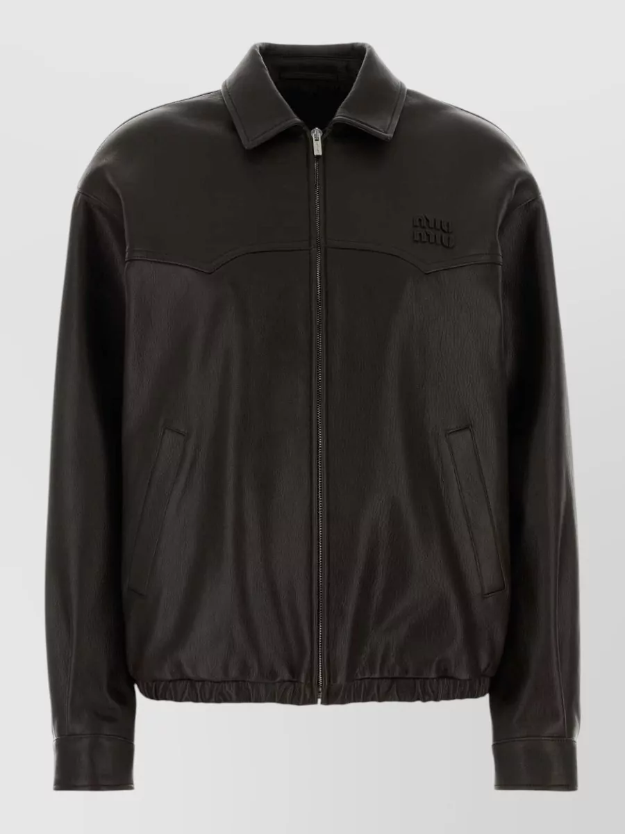 Miu Miu Leather Jacket Long Sleeves Collared Elasticated Hem