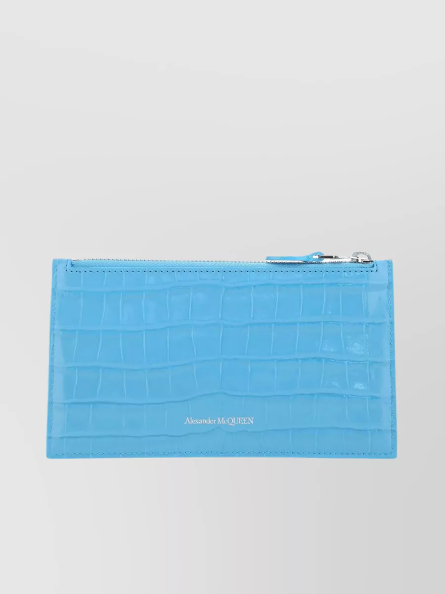 Shop Alexander Mcqueen Embossed Leather Pouch With Crocodile Motif And Skull Detail In Blue