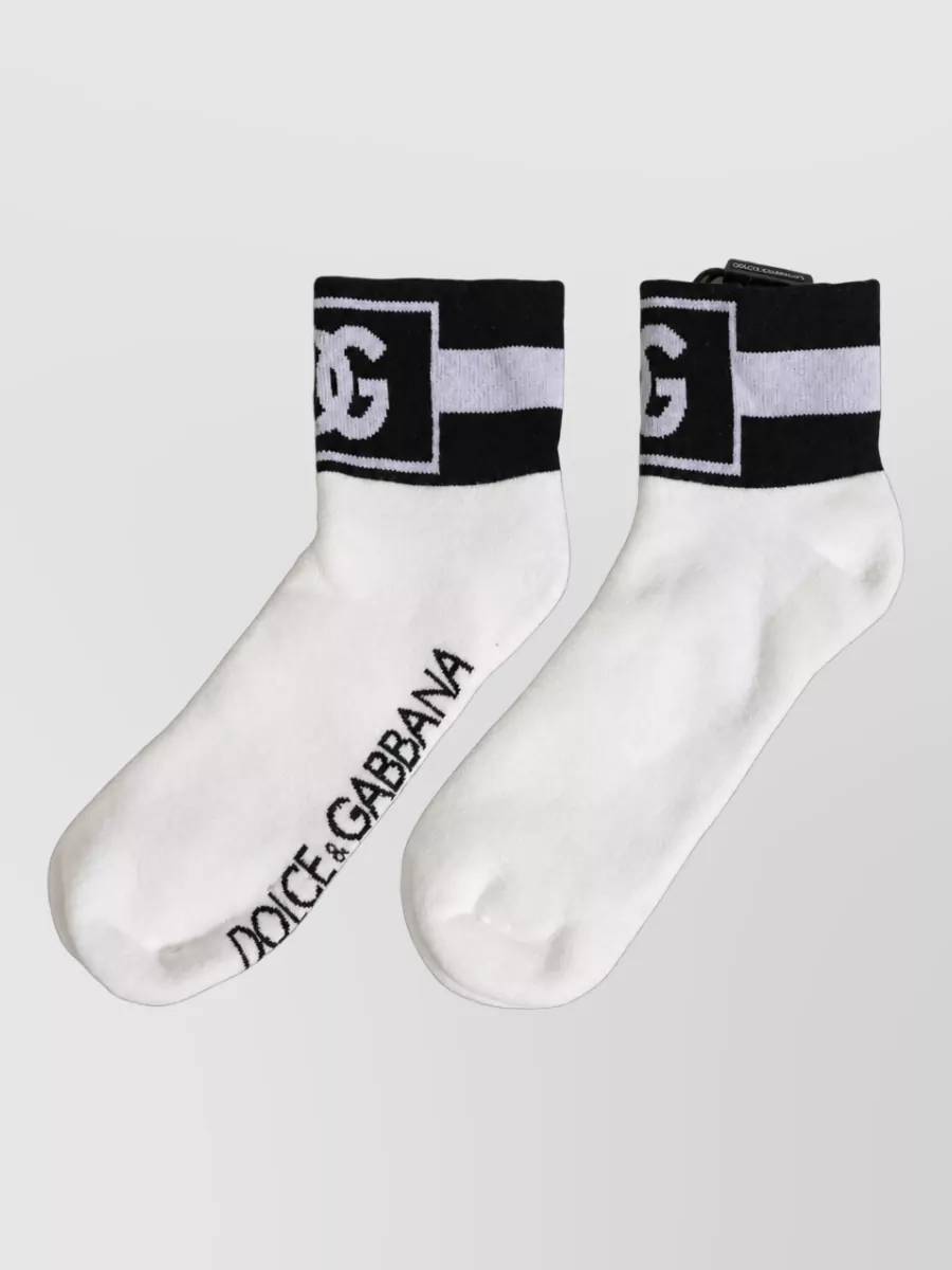 Dolce&Gabbana Cotton logo ankle socks — The white and black DG athletic socks echo the sneaker story and reinforce the sport element of the hoodie-and-denim pairing with a small, graphic logo hit at the ankle.