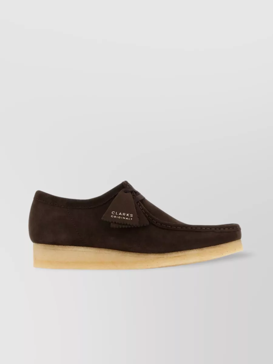 Shop Clarks Suede Wallabee Boots Low-top Squared Toe Contrast Stitching Crepe Sole In Brown