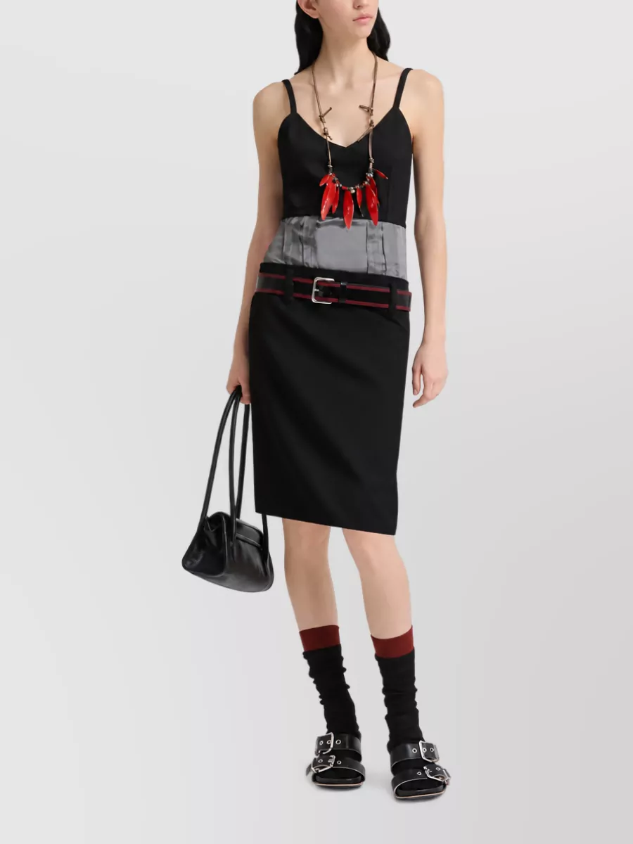 Marni Wool Draped Pleated V-Neck Spaghetti-Strap Mini Dress