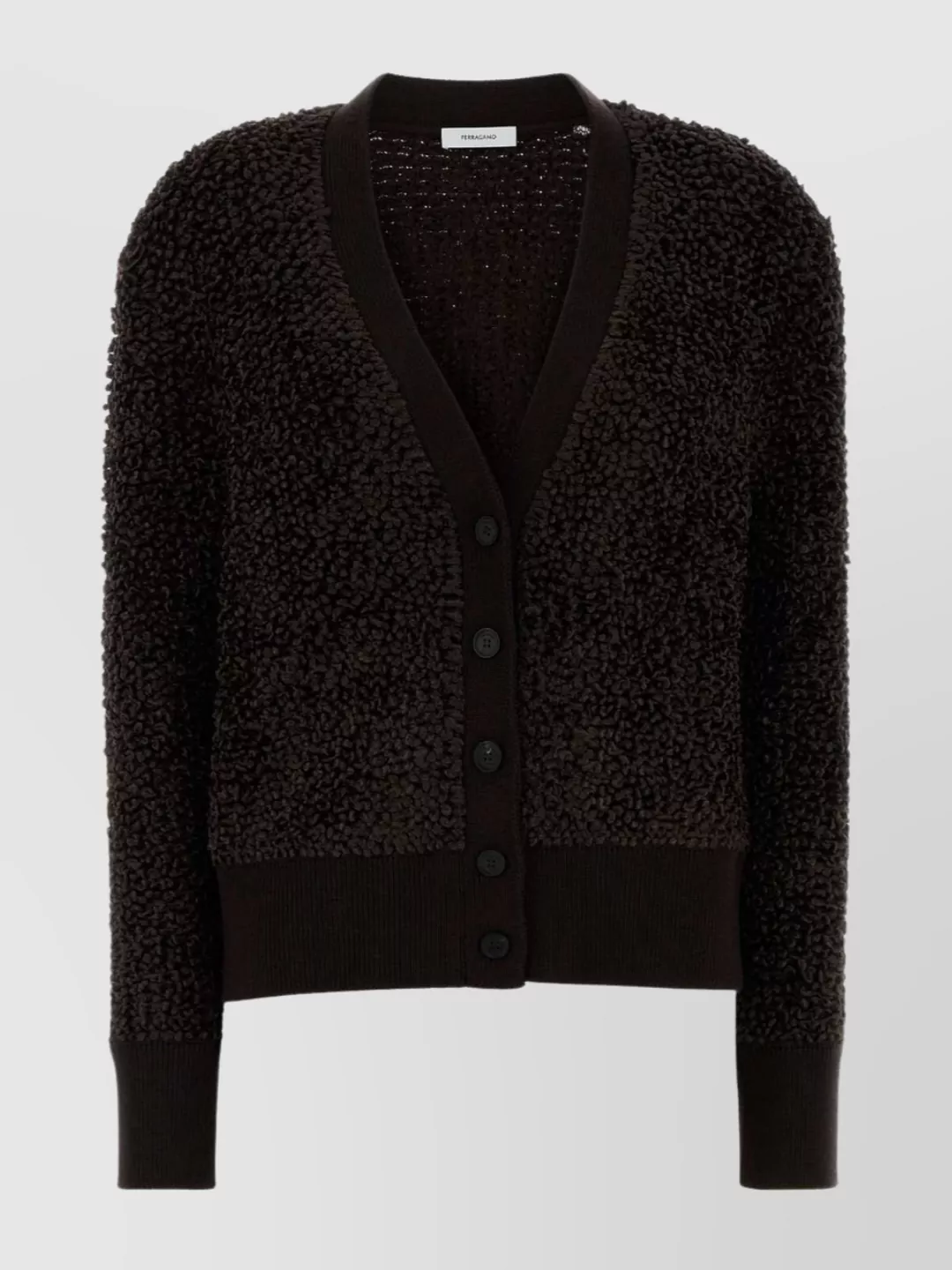 Ferragamo Textured Knit Cardigan With Ribbed Cuffs And Hem In Brown