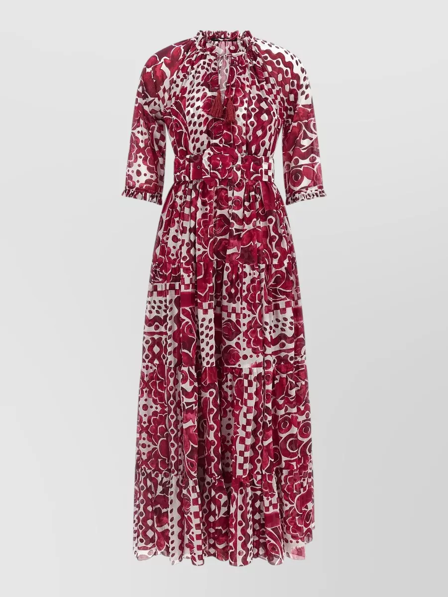 Samantha Sung Cotton printed v-neck 3/4-sleeve midi dress