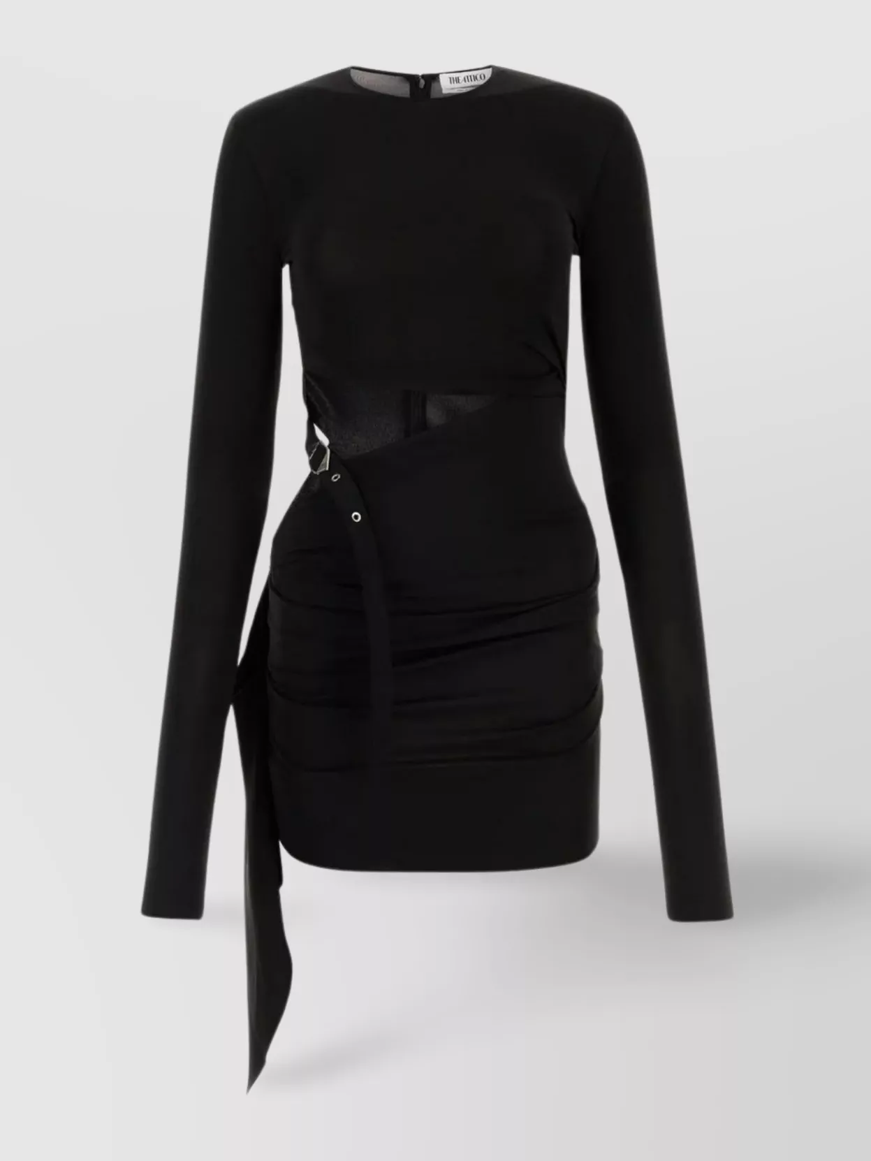 Shop Attico Asymmetric Hemline Dress With Round Neckline And Long Sleeves In Black
