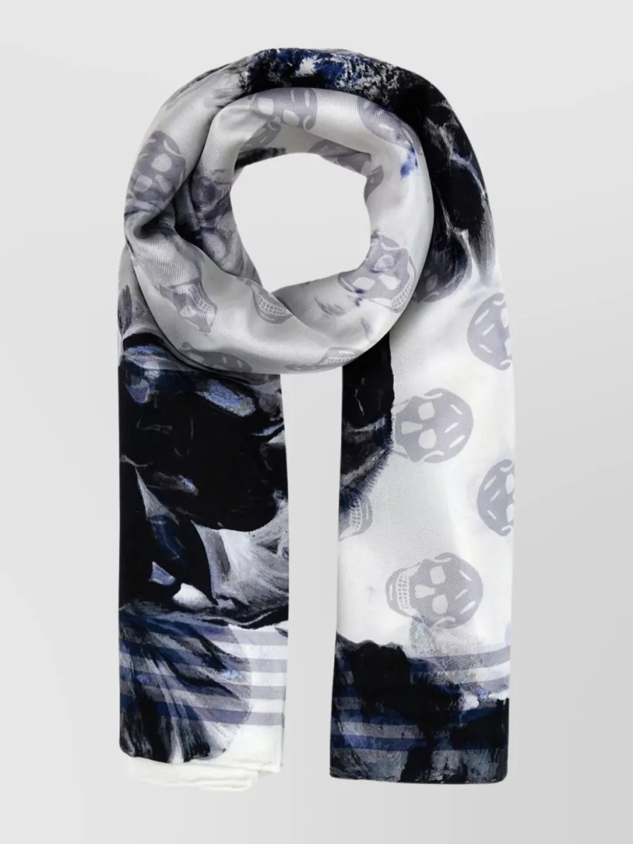 Alexander Mcqueen Silk Biker Scarf With Floral And Skull Print In White