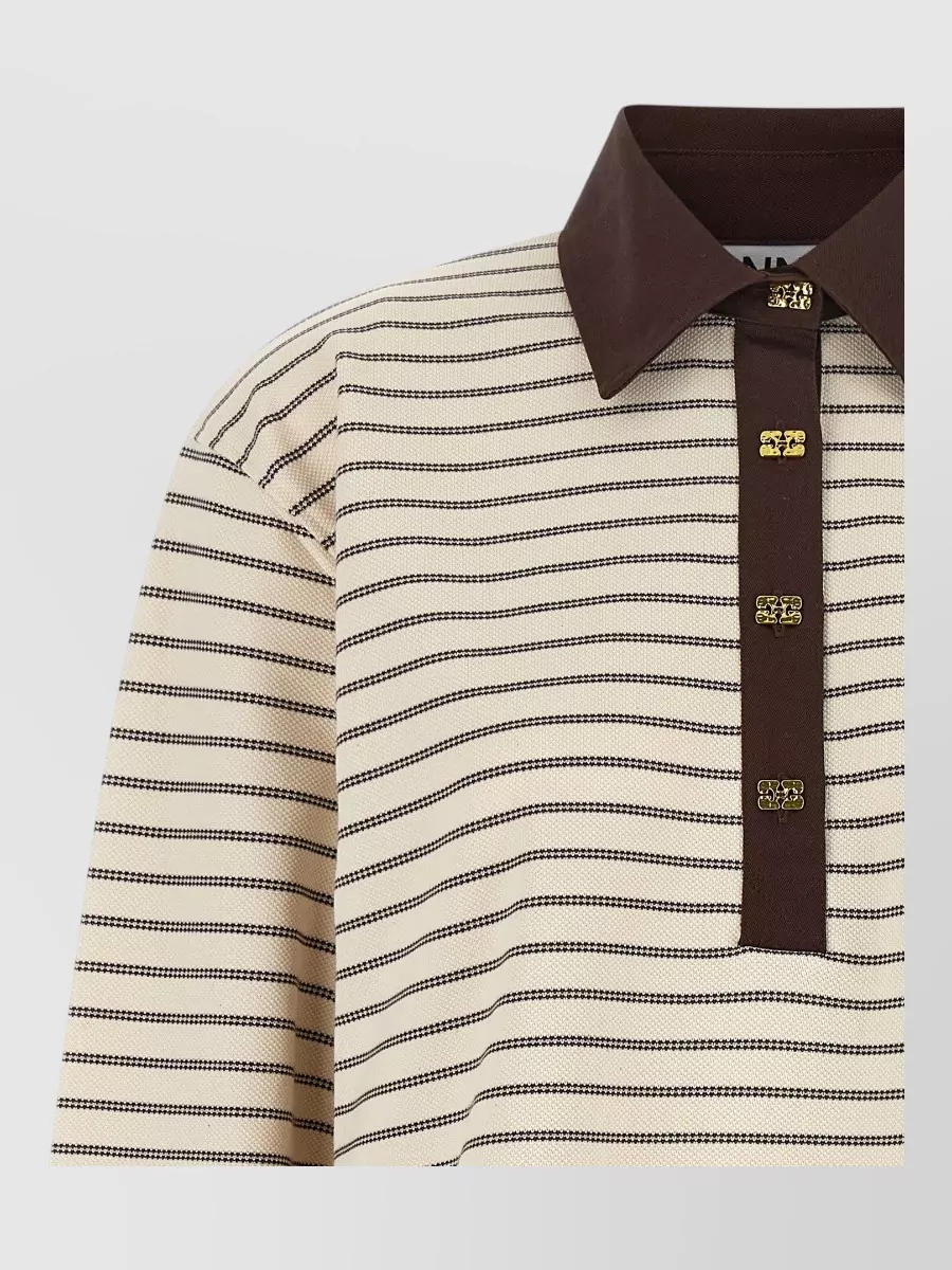 Ganni Striped Cotton Long-Sleeve Polo Shirt