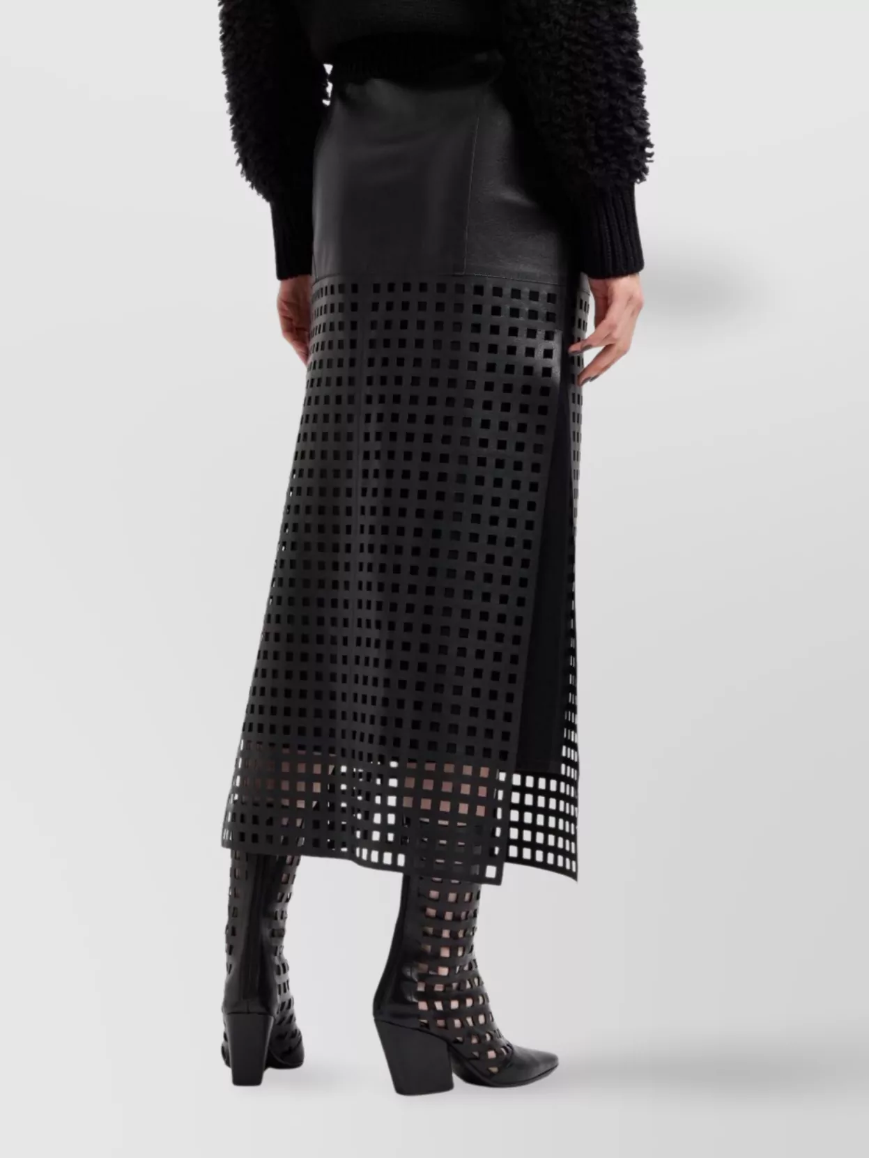 Emporio Armani Leather Grid Pattern High-Waisted Midi Skirt