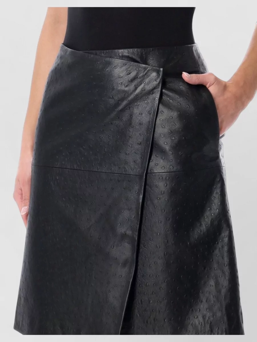 Loulou Leather Textured Wrap-Effect Knee-Length A-Line Skirt