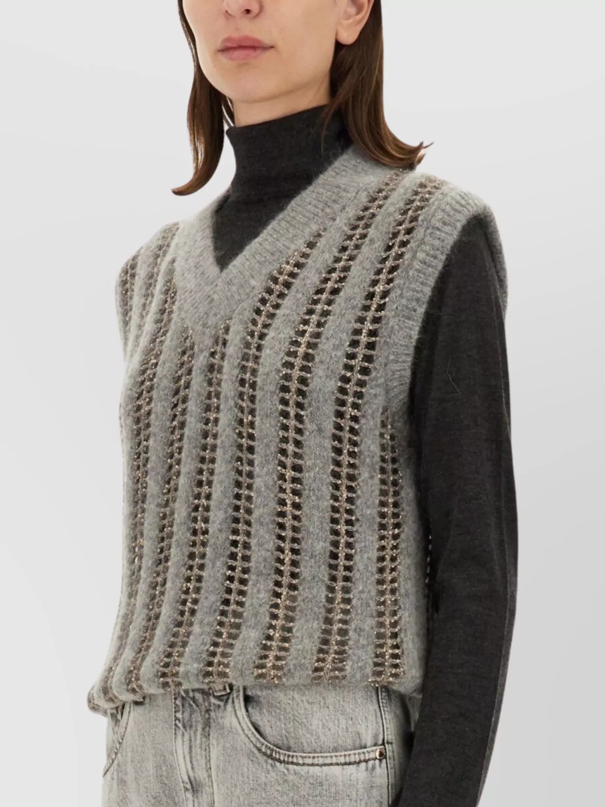 Brunello Cucinelli Knit V-Neck Sleeveless Striped Top