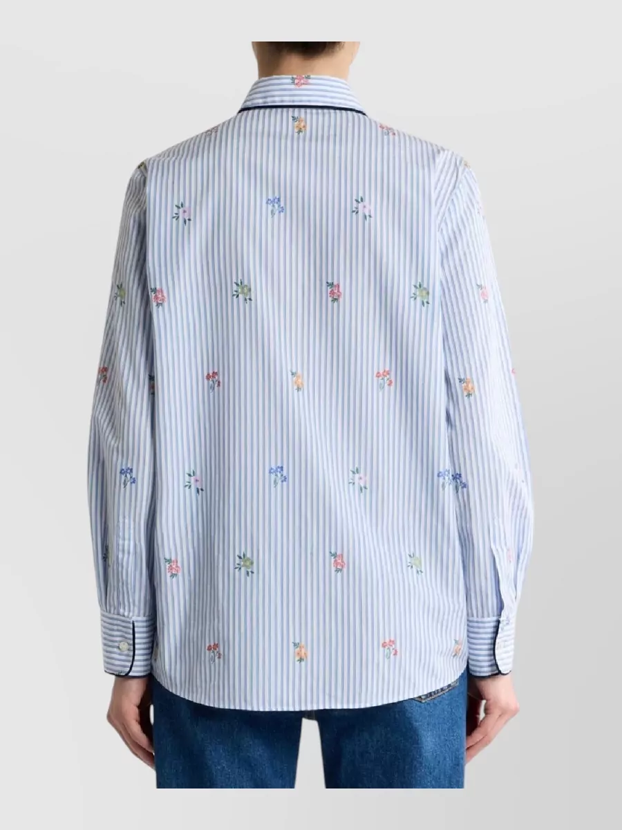 Etro Floral-Embroidered Striped Cotton Long-Sleeve Shirt