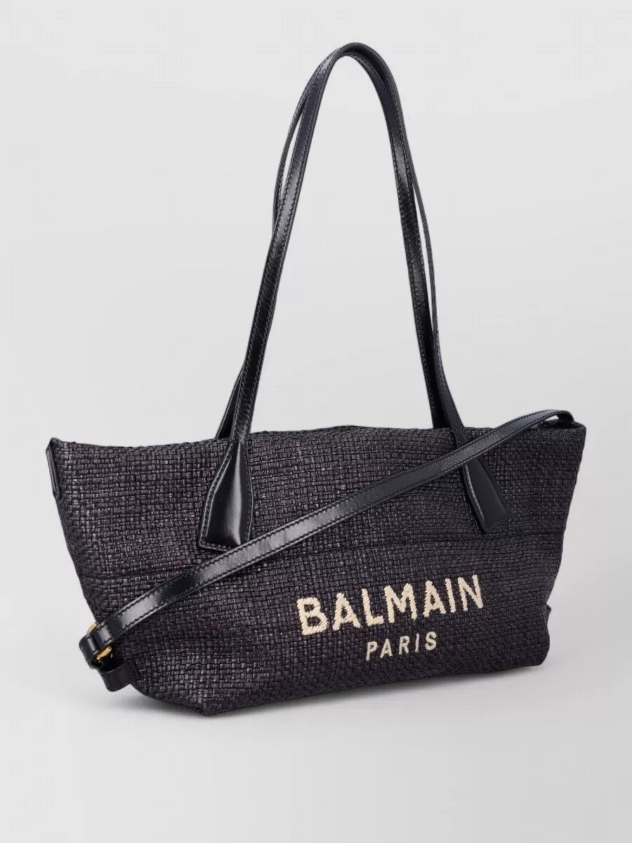 Balmain Track Small Raffia Effect Leather Tote