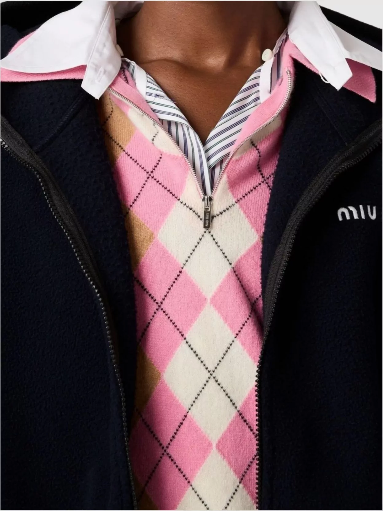 Miu Miu Argyle Pattern Polo With Ribbed Cuffs And Hem In Pink