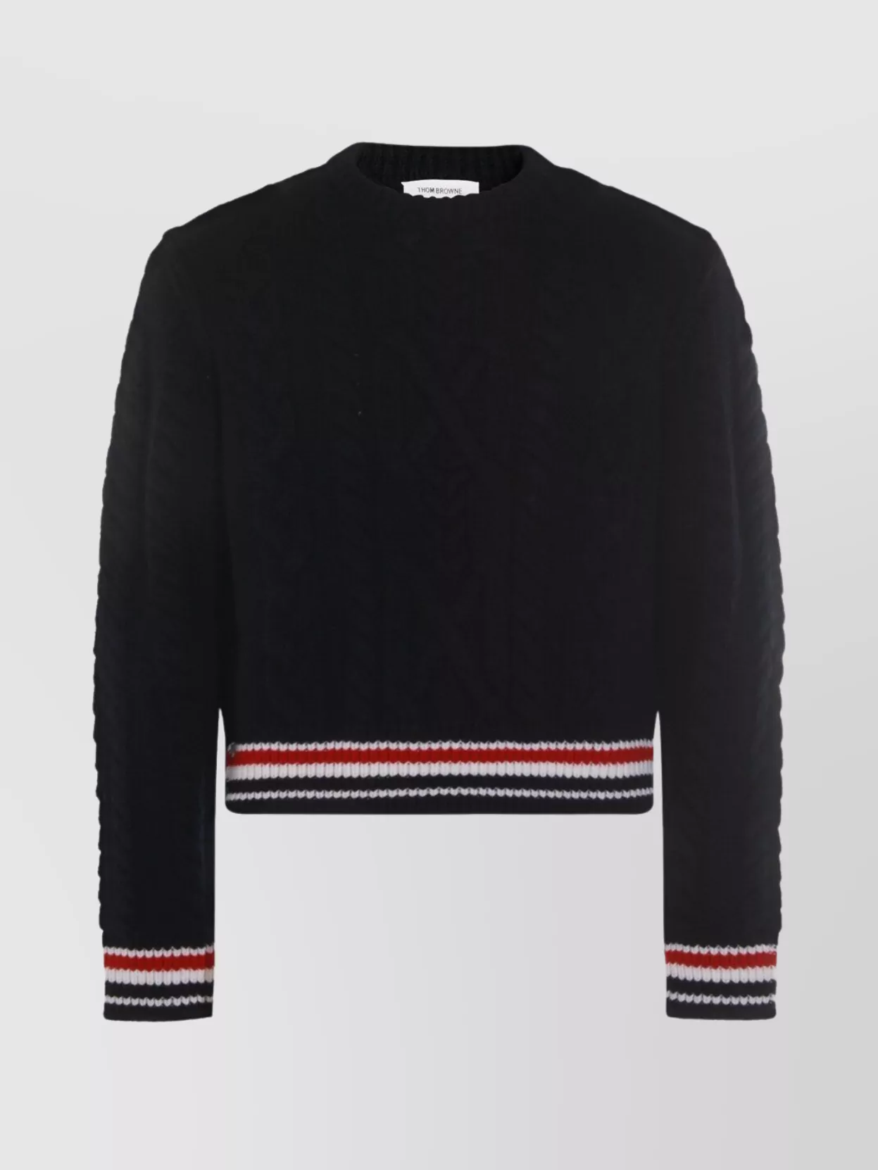 Thom Browne Cable Knit Crew Sweater With Ribbed Cuffs In Black