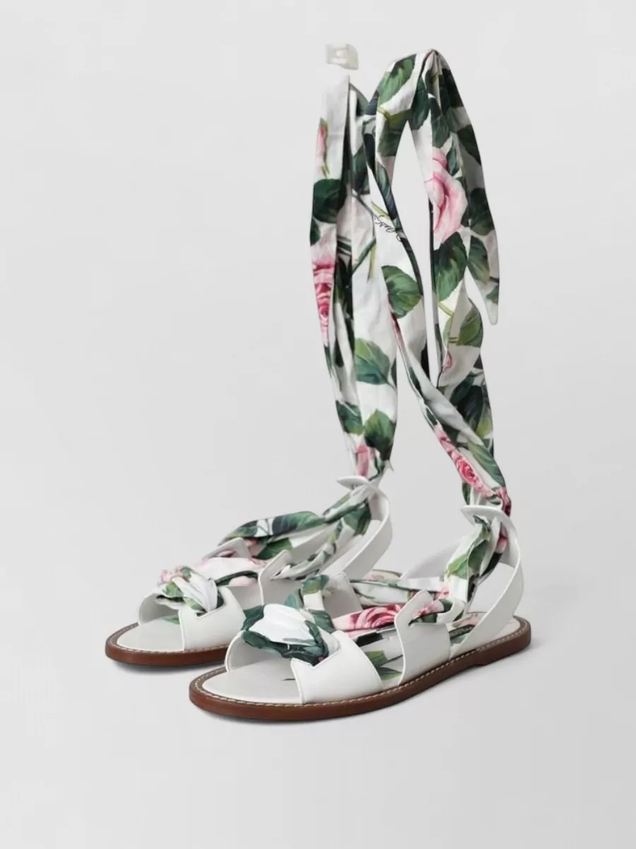Dolce&Gabbana Leather Floral-Print Ankle-Wrap Sandals