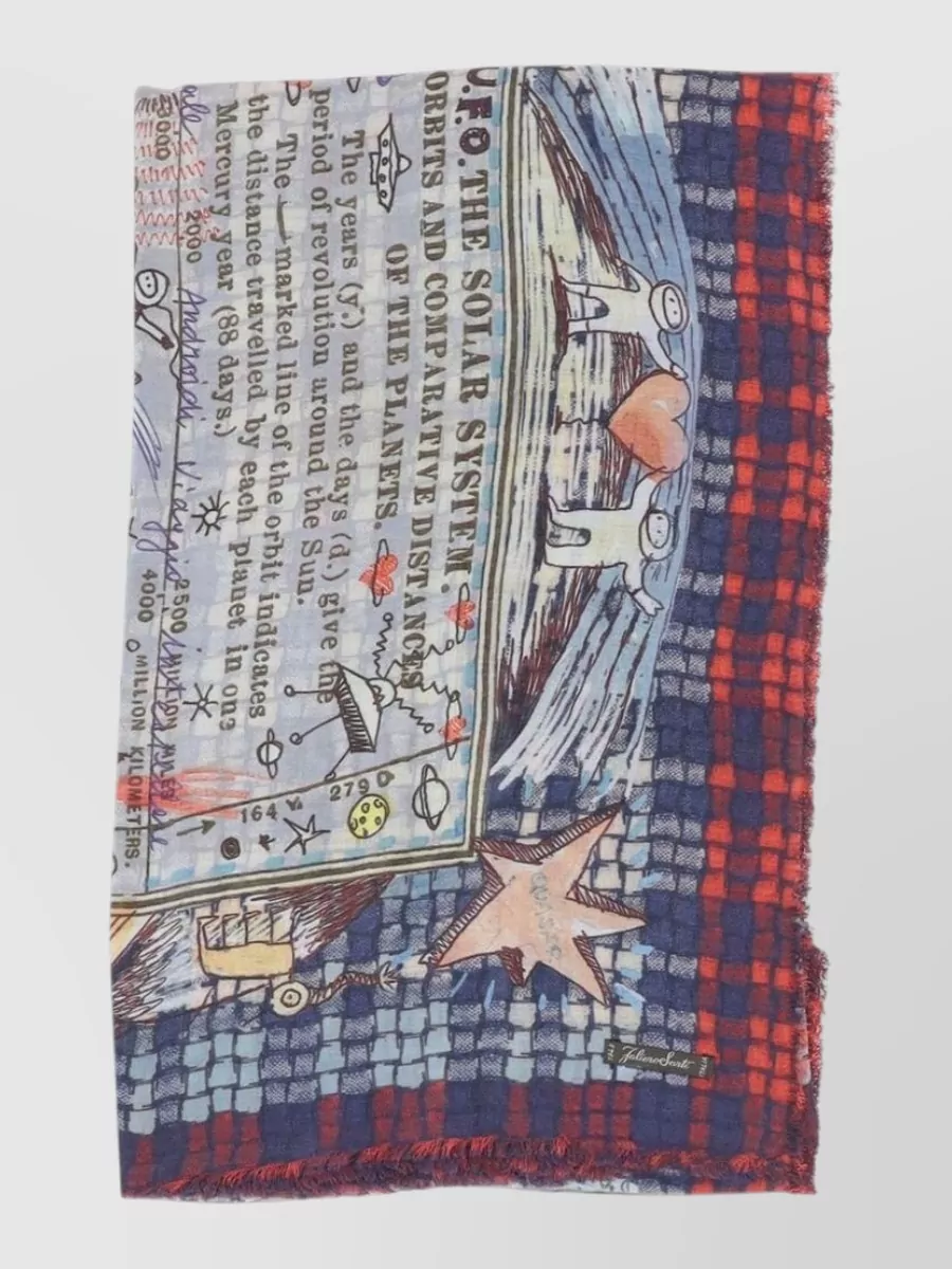 Faliero Sarti cashmere modal graphic check logo-print fringed scarf