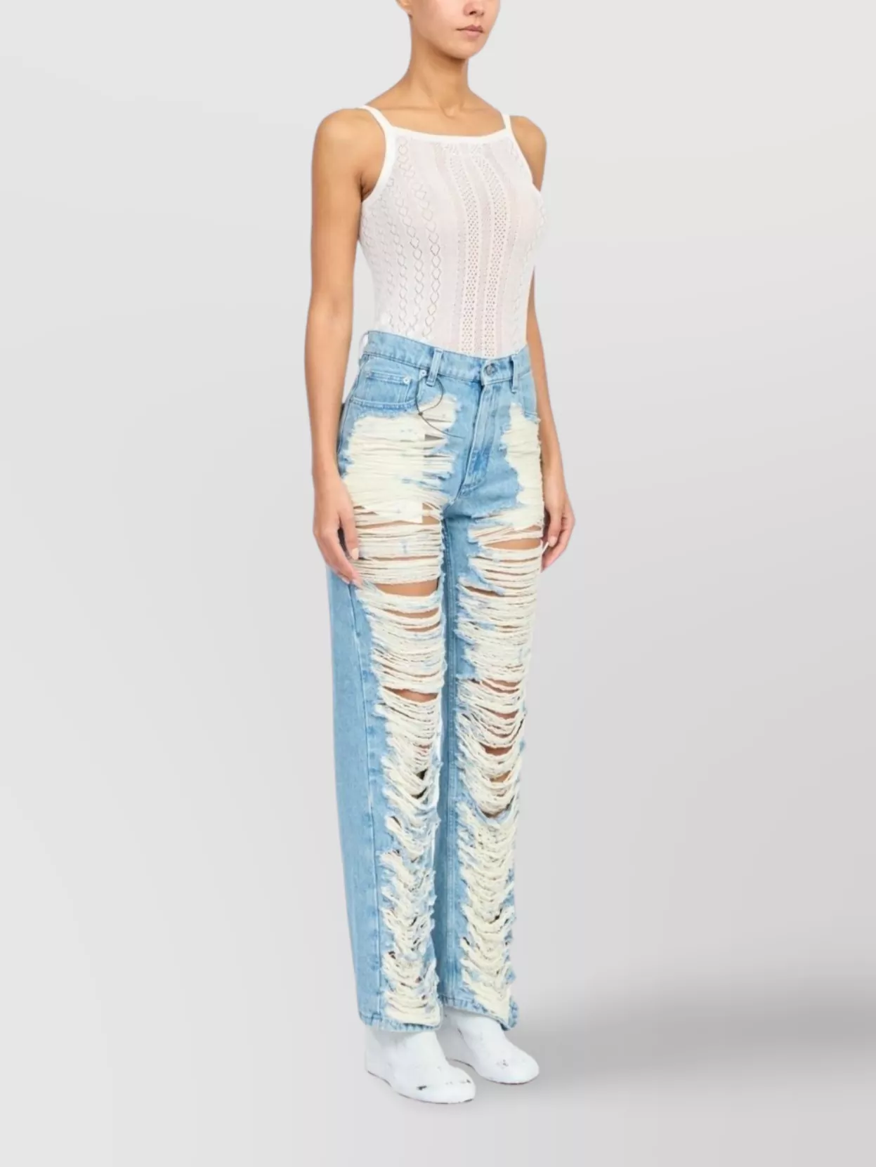 Mm6 Maison Margiela Mm6 By Maison Margiela Distressed Straight Leg Denim Jeans With White Stitching