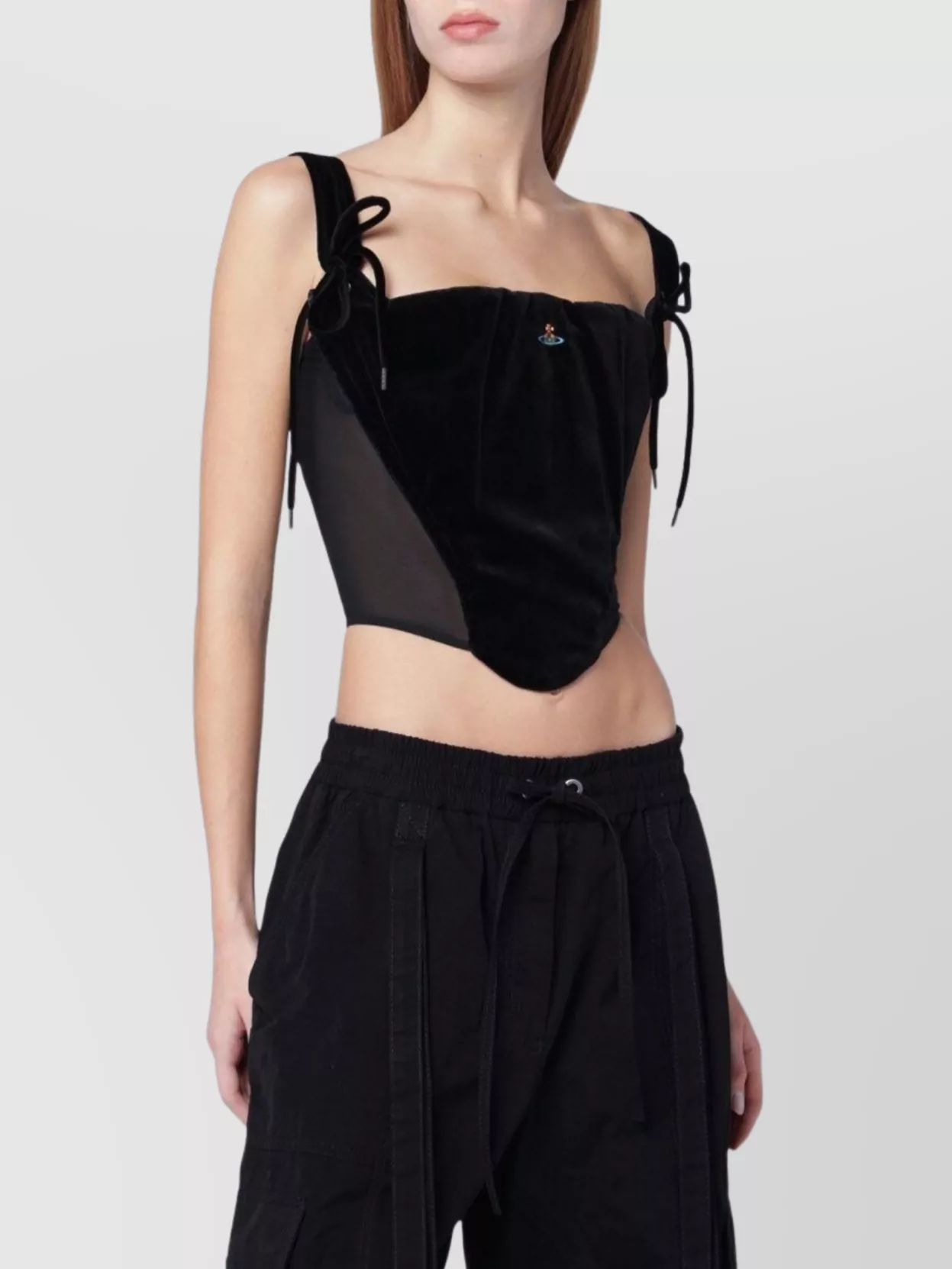 Vivienne Westwood Cropped Velvet Corset With Bow And Mesh In Black