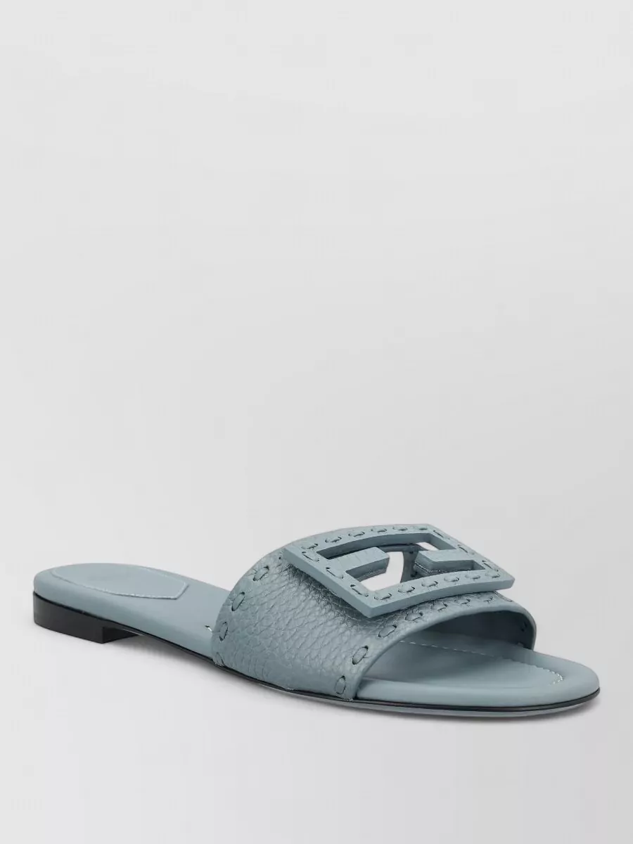 Fendi Leather Slides Buckle Detail Flat Sole In Blue
