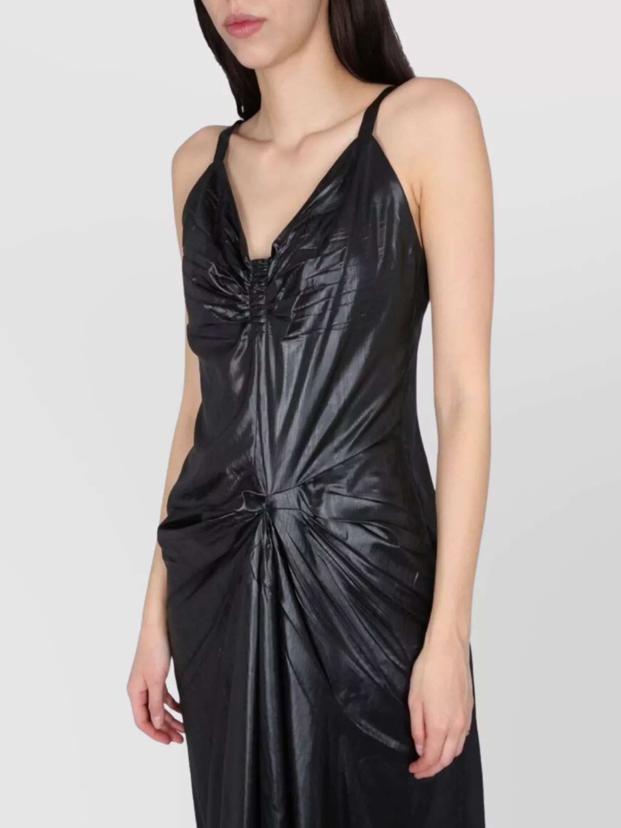 Maison Margiela Maxi Ruched Shiny Spaghetti V-Neck Dress