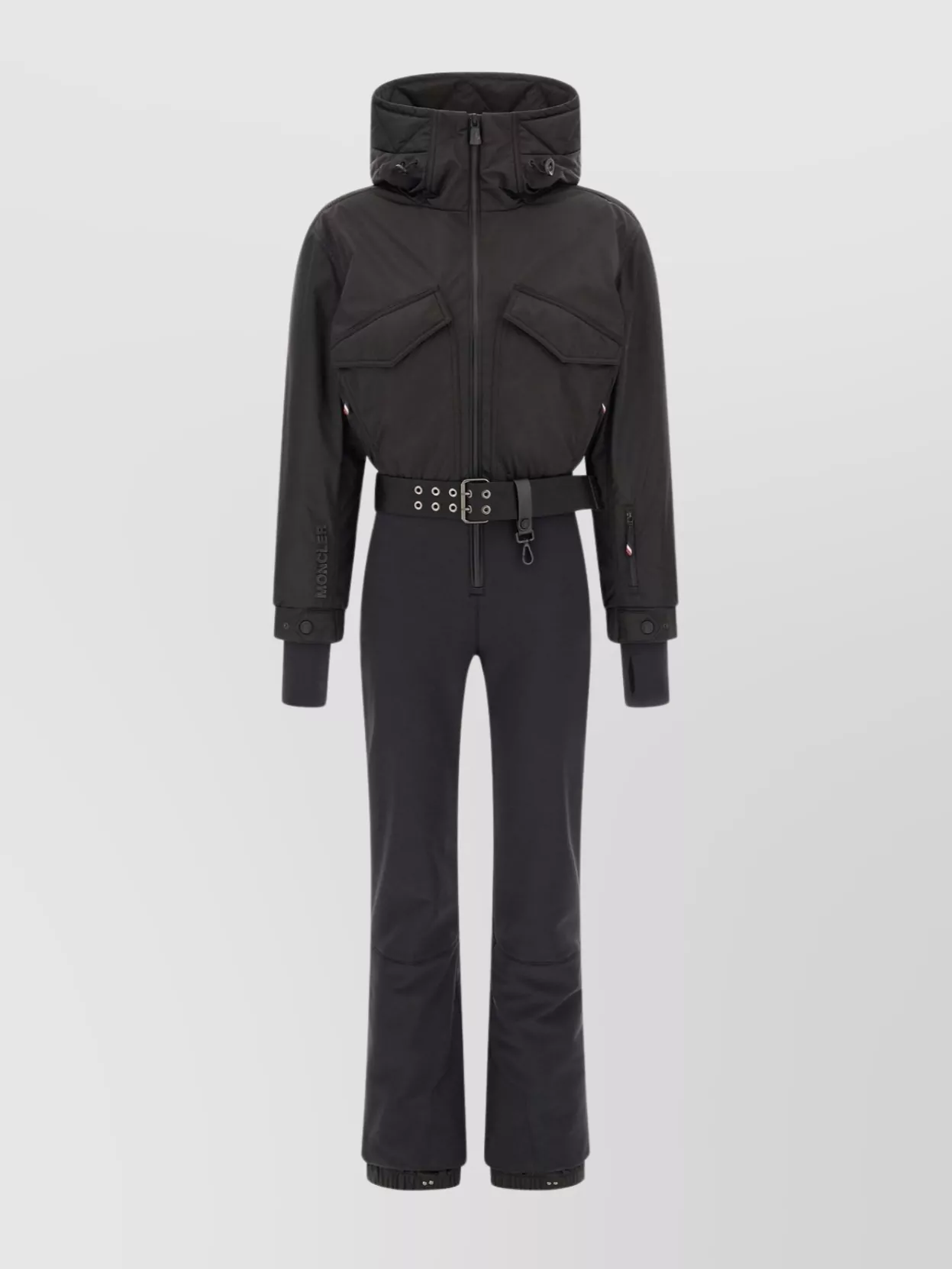 Moncler Ski Suit With Belted Waist And Hood In Black