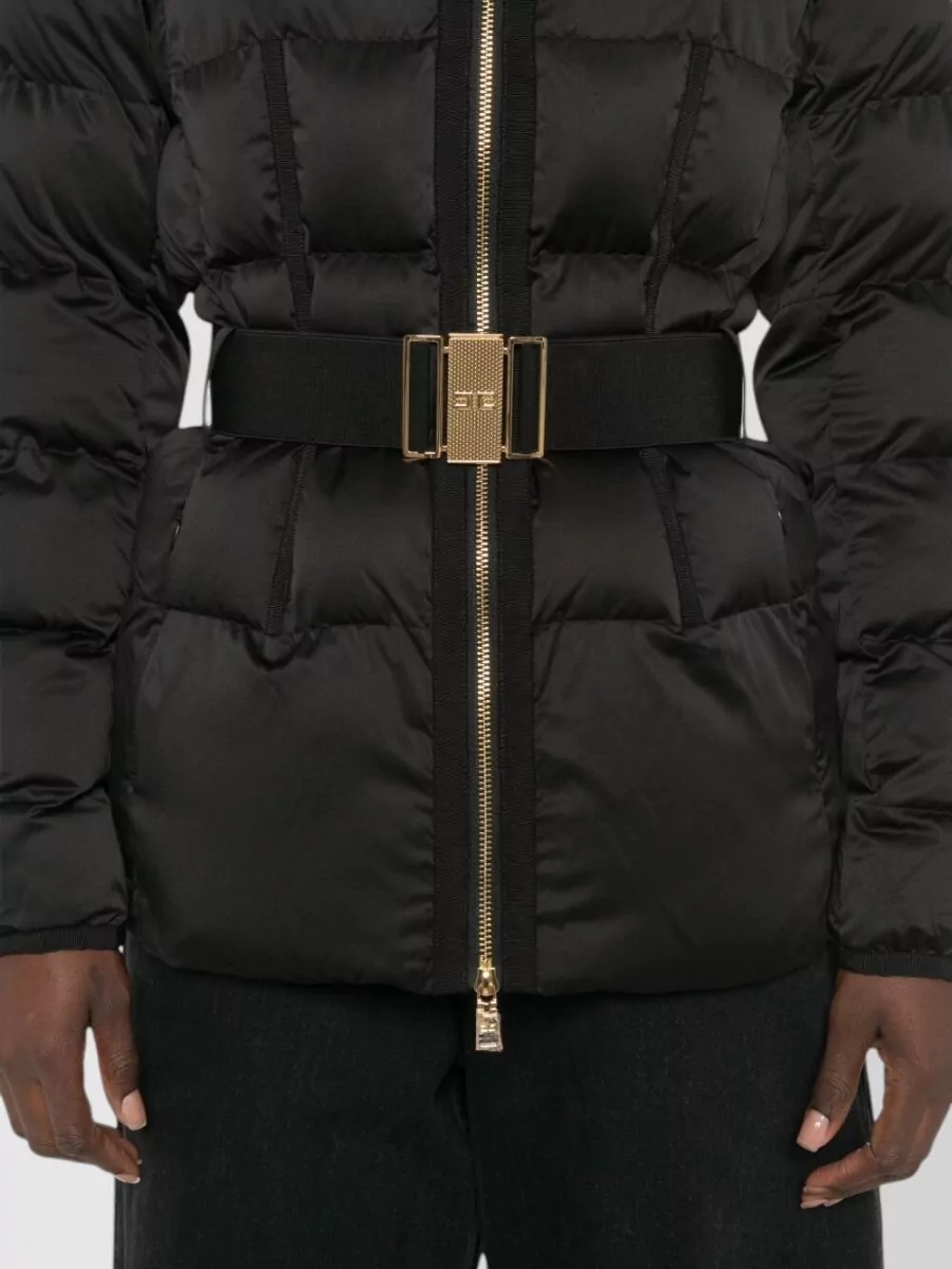Elisabetta Franchi Down Belted Hooded Puffer Coat