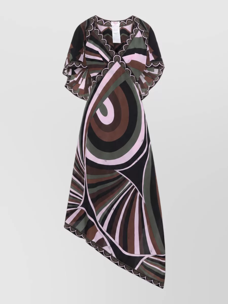 Pucci silk printed v-neck flutter-sleeve asymmetric midi dress