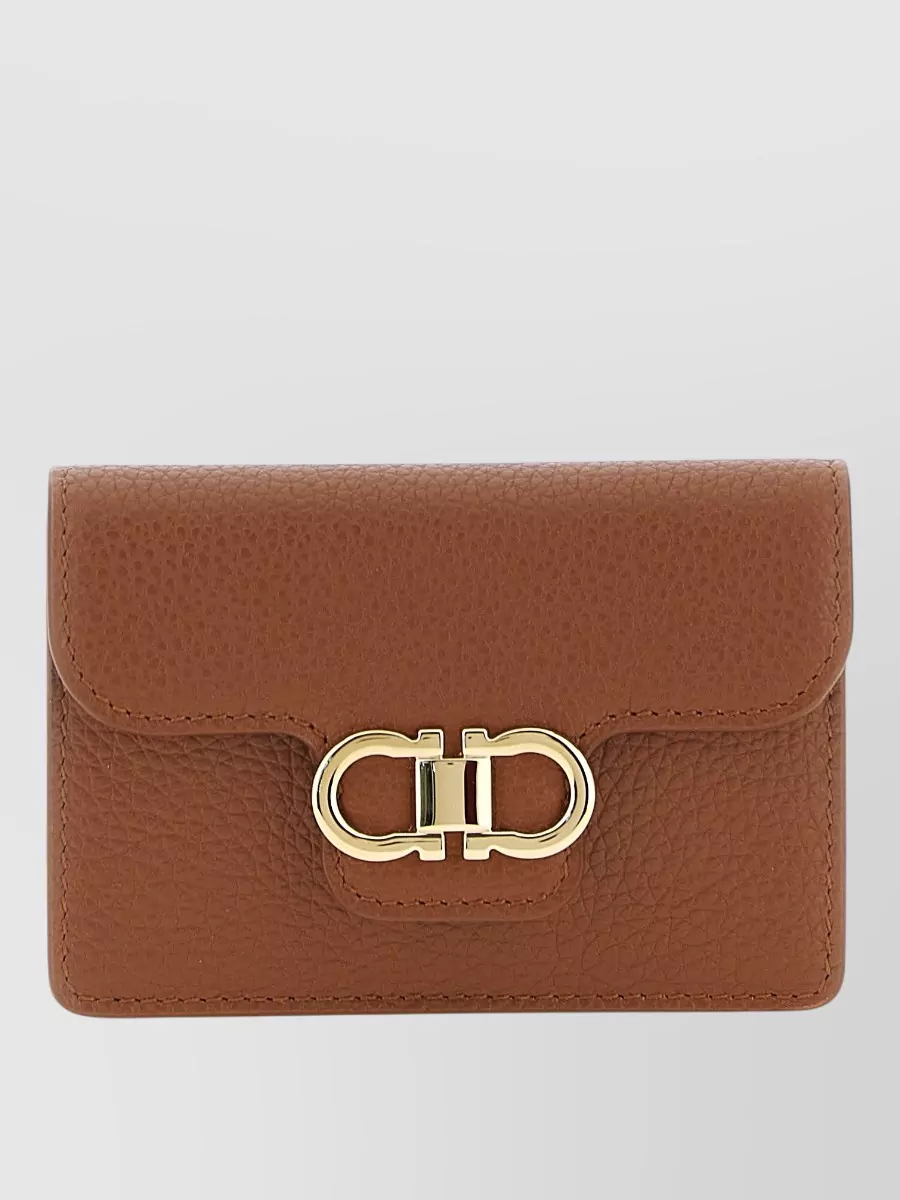 Ferragamo Gancini Keyring Gold Tone Hardware Leather