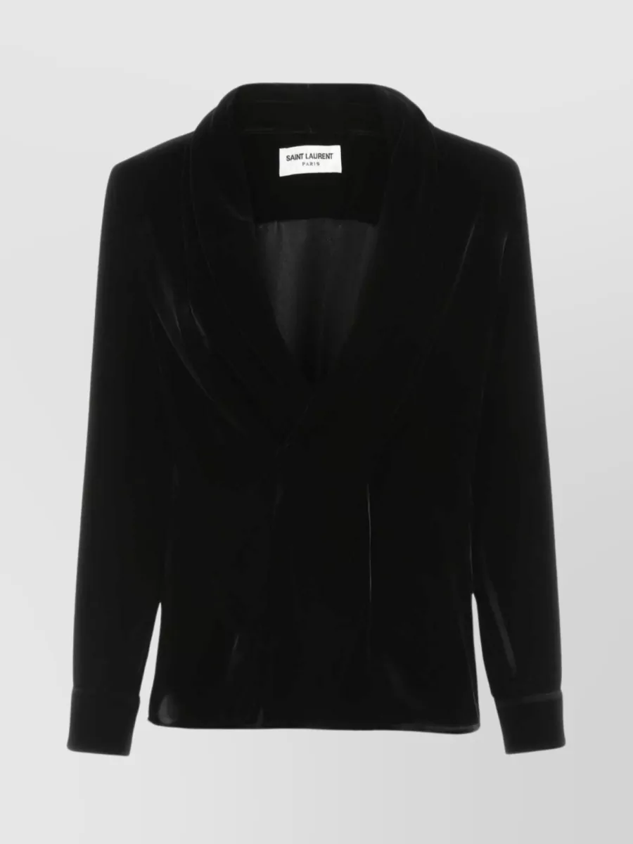 Shop Saint Laurent Shoulder Structure Velvet Shawl Buttoned Top In Black