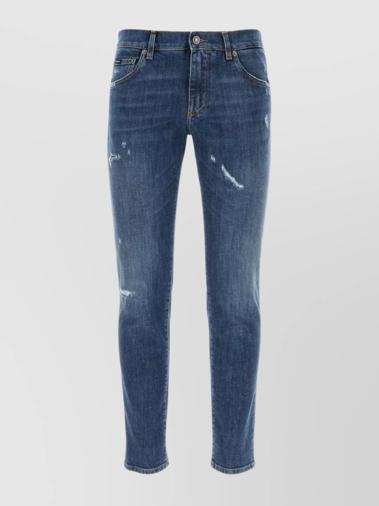 Shop Dolce & Gabbana Distressed Stretch Denim Trousers With Belt Loops In Blue
