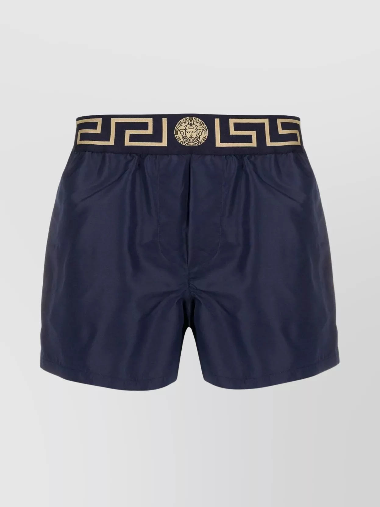 Shop Versace Waistband Swim Shorts With Greca Detail In Blue