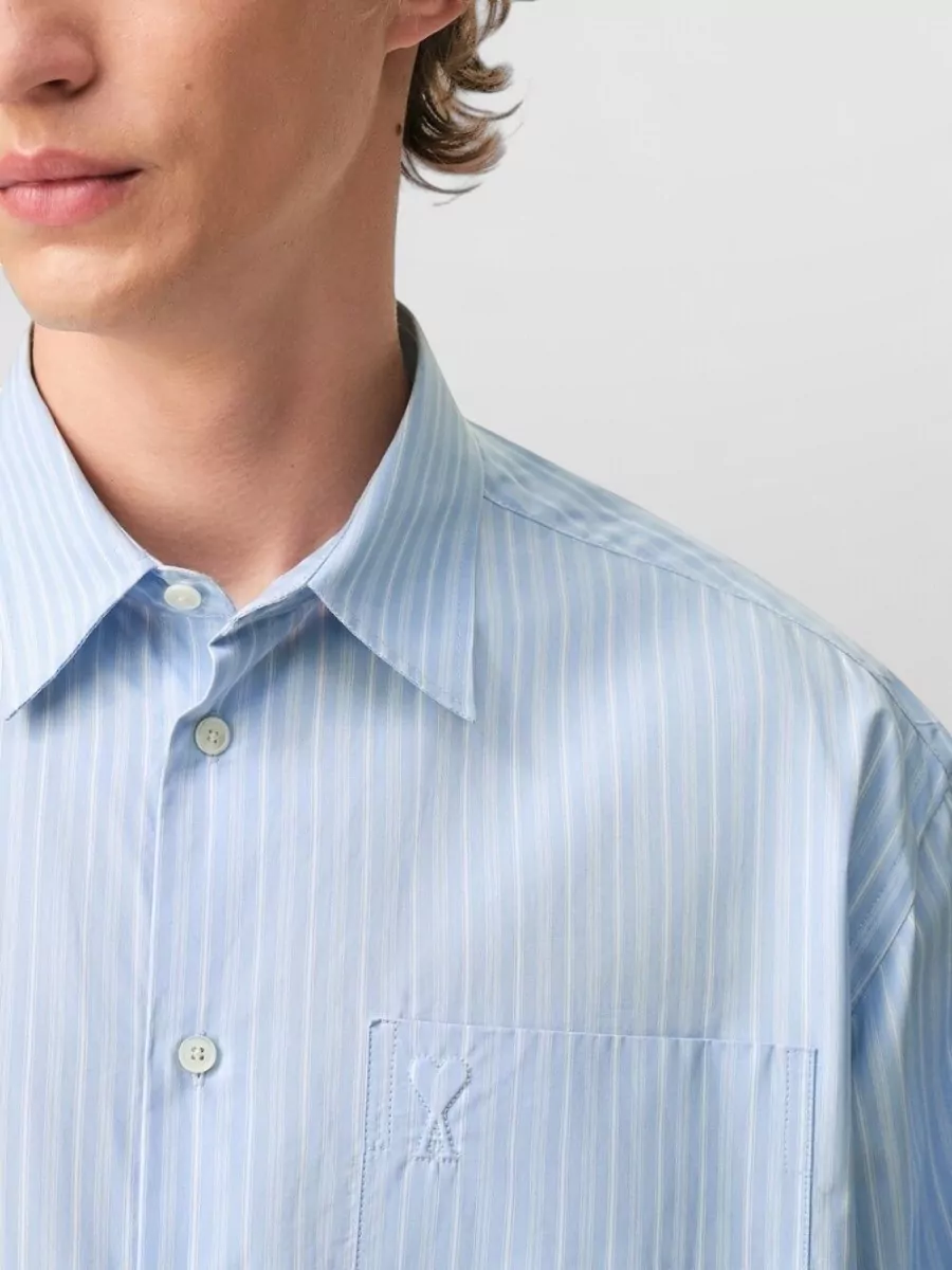 Ami Paris Cotton Shirt Button Down Collar Stripes