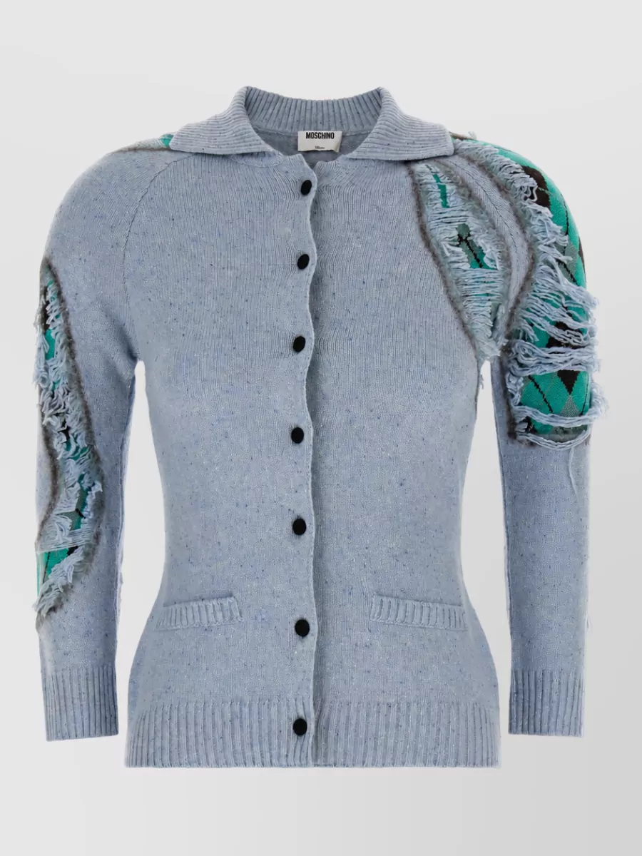 Moschino Silk wool fine-knit distressed argyle cardigan