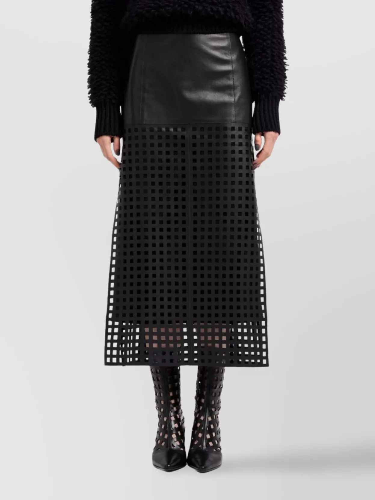 Emporio Armani Leather Grid Pattern High-Waisted Midi Skirt