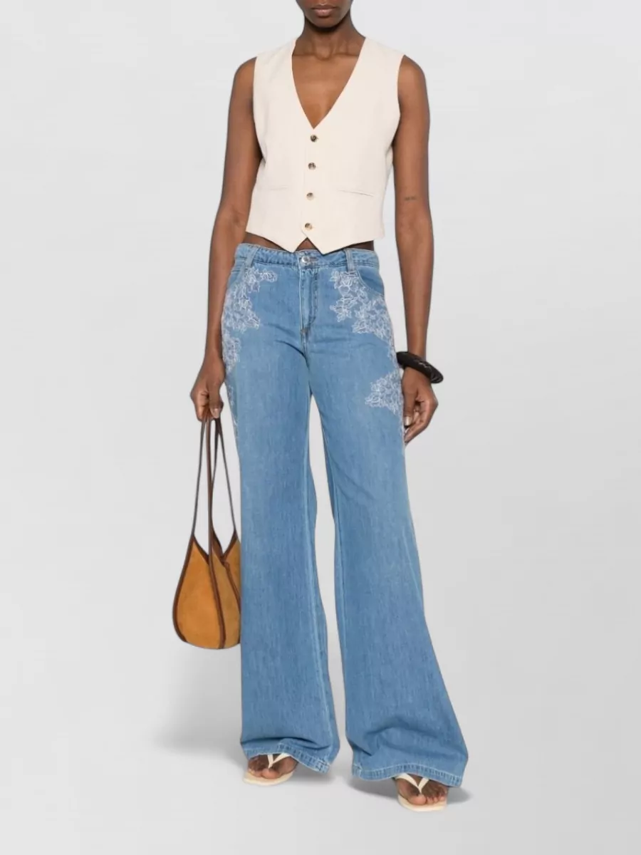 Ermanno Firenze Embroidered Floral-Embroidered Wide-Leg Jeans