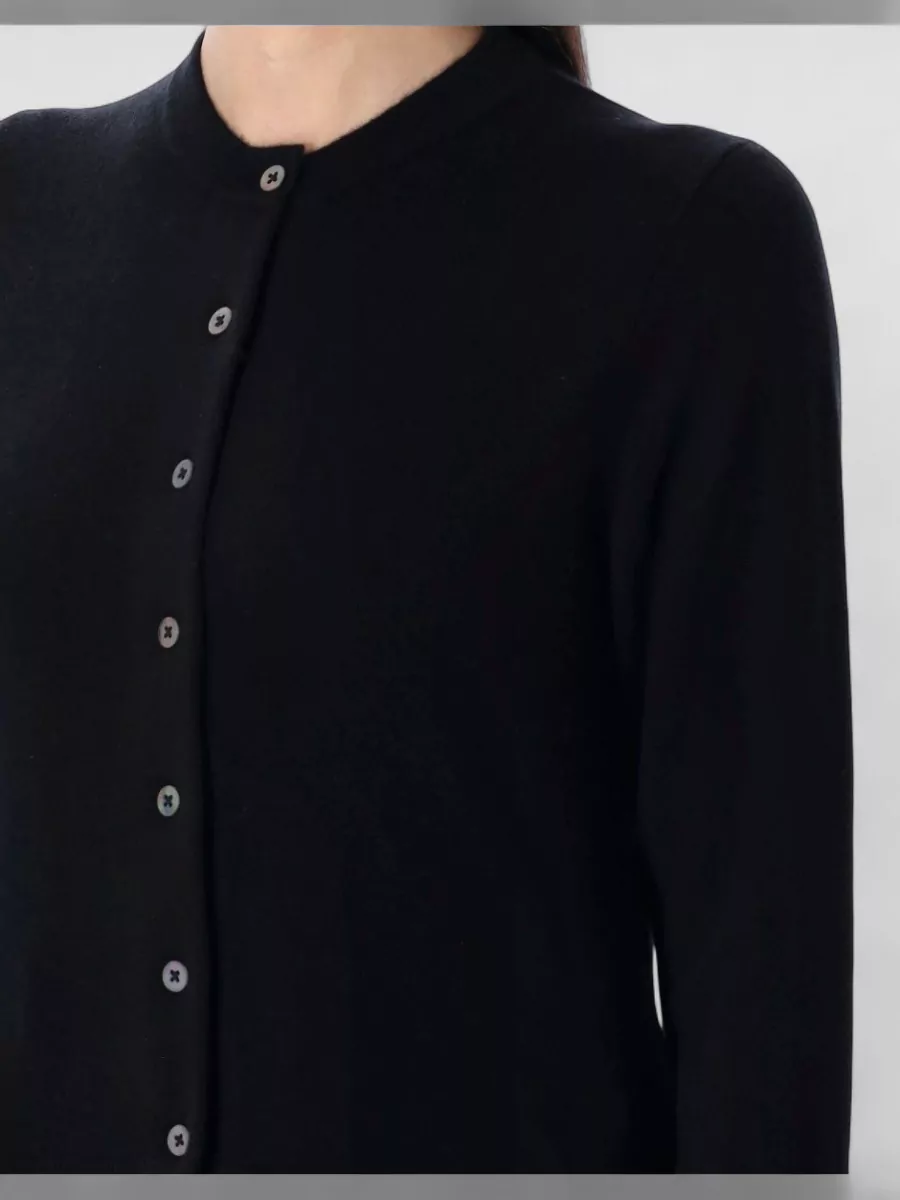 Rhea Costa Cashmere Wool Ribbed Slim-Fit Cropped Round-Neck Long-Sleeve Cardigan