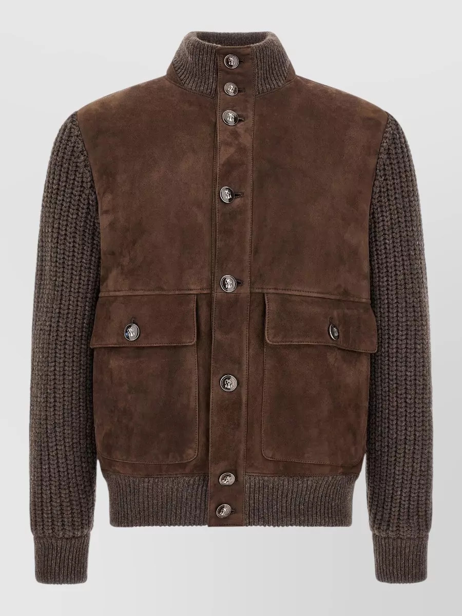 Brunello Cucinelli suede panel ribbed knit jacket