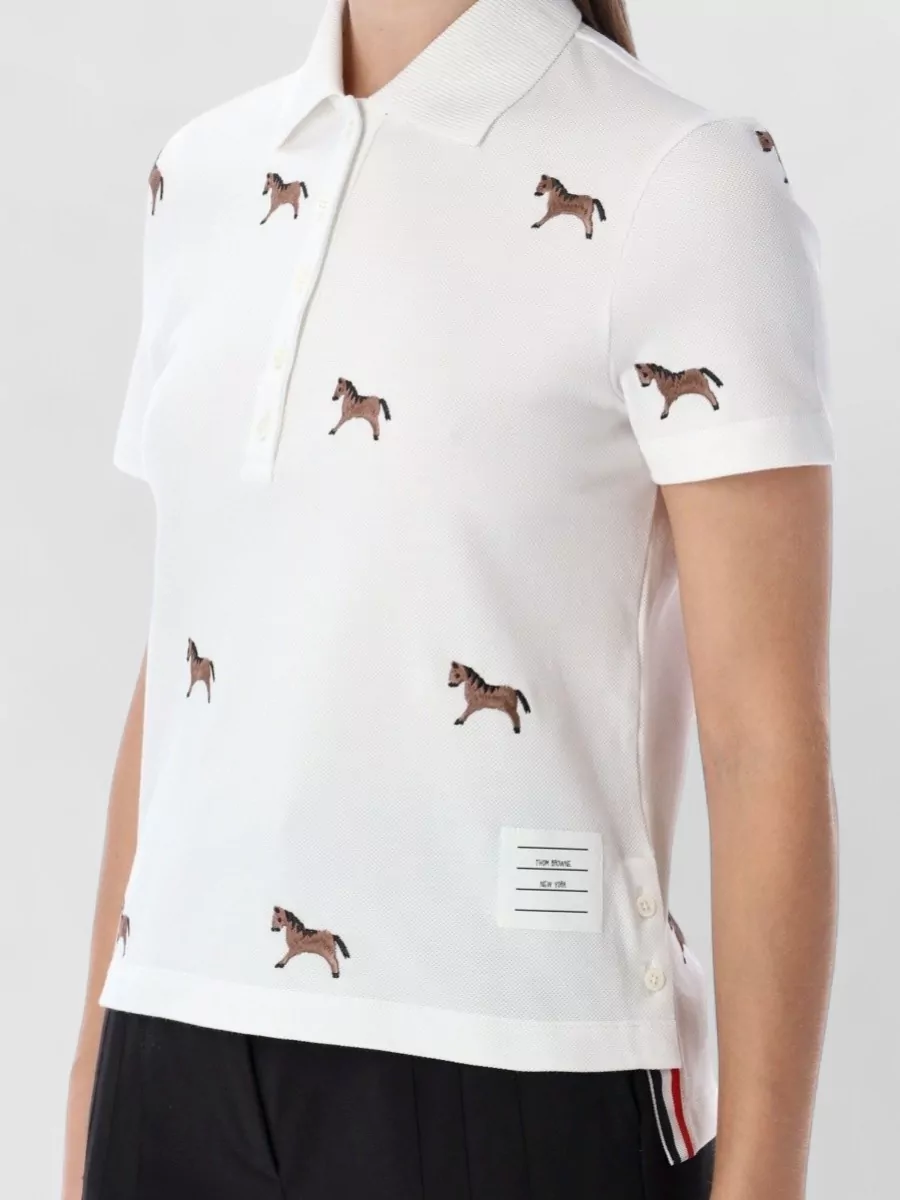 Thom Browne Polo Shirt Short Sleeves Horse Embroidery In White