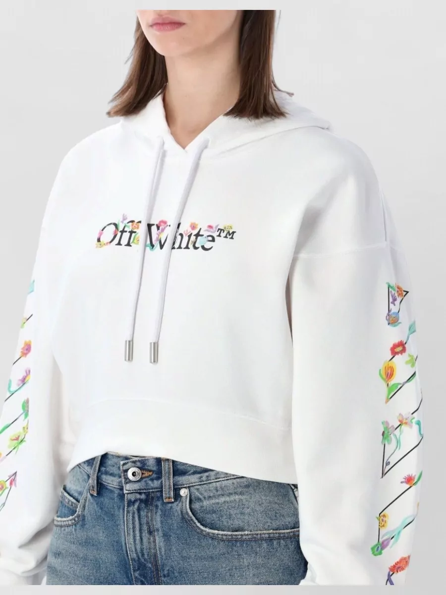 Off-White Floral-Print Cropped Relaxed-Fit Hoodie