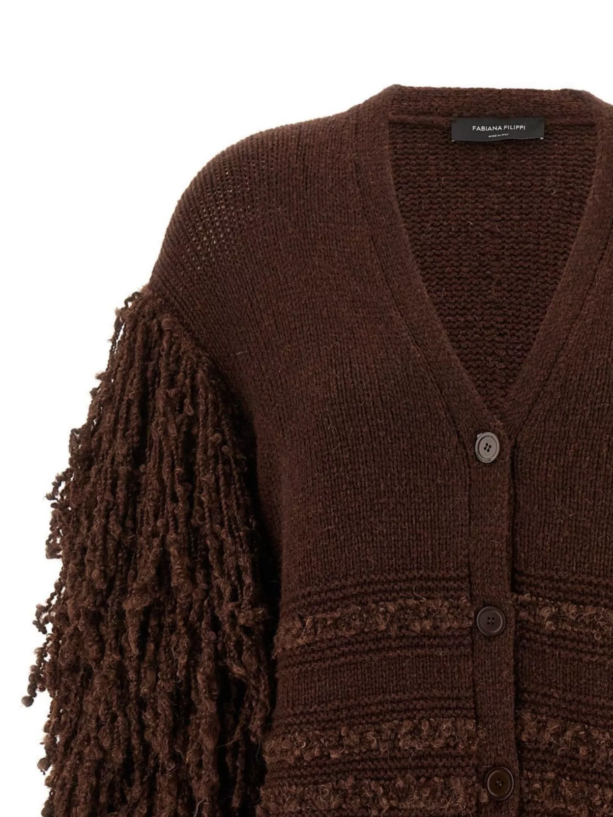 Fabiana Filippi Fringed Knit Cardigan Ribbed Hem In Brown