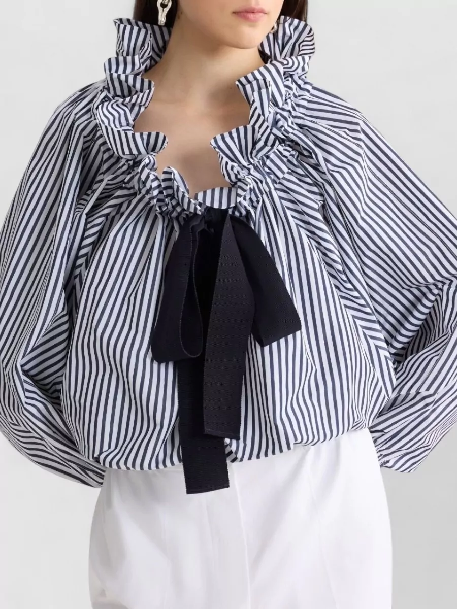 Patou Long Sleeve Striped Top Ruffled Collar Bow