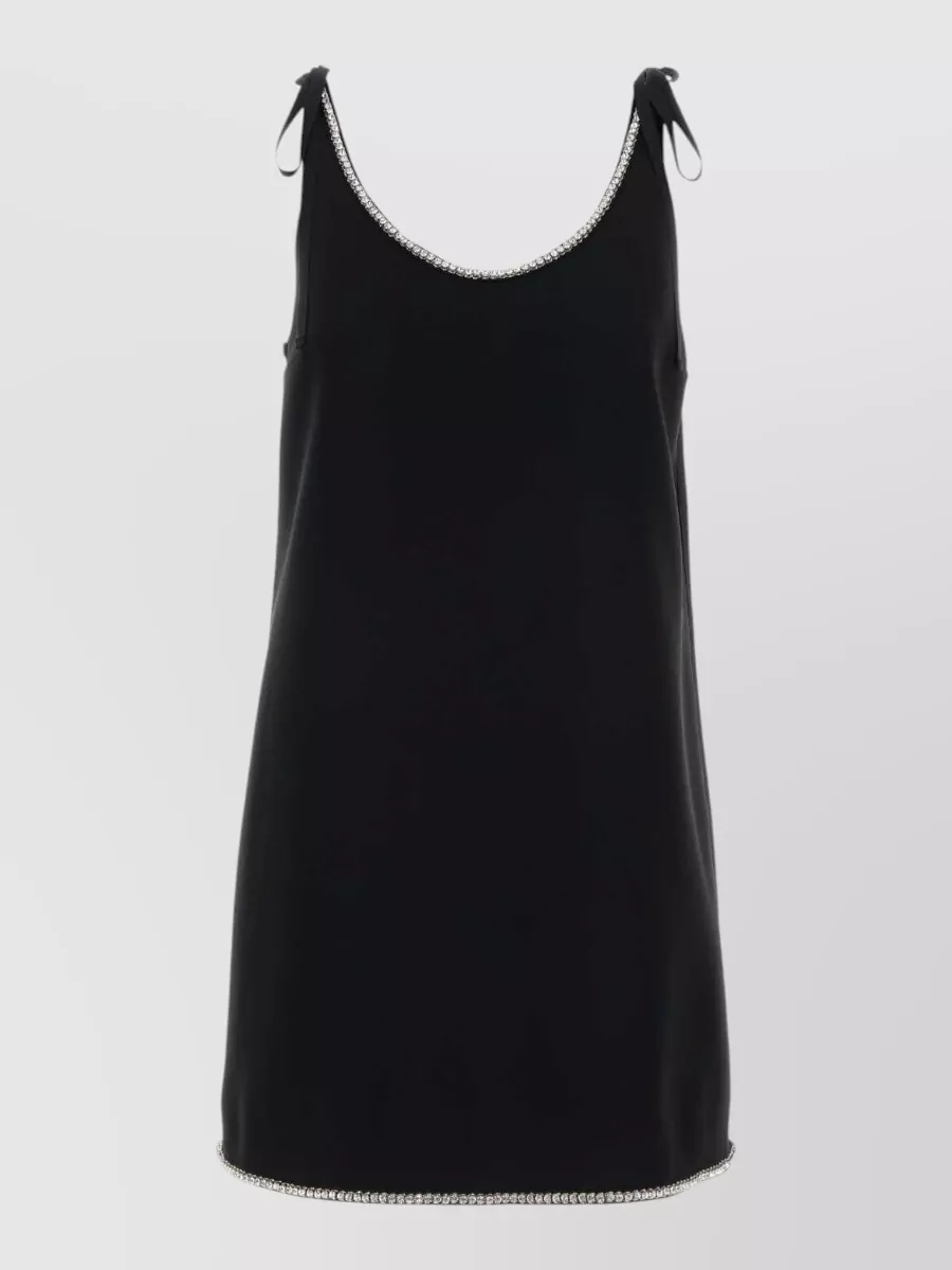 Prada Sable Mini Dress Bow Detail Neckline In Black