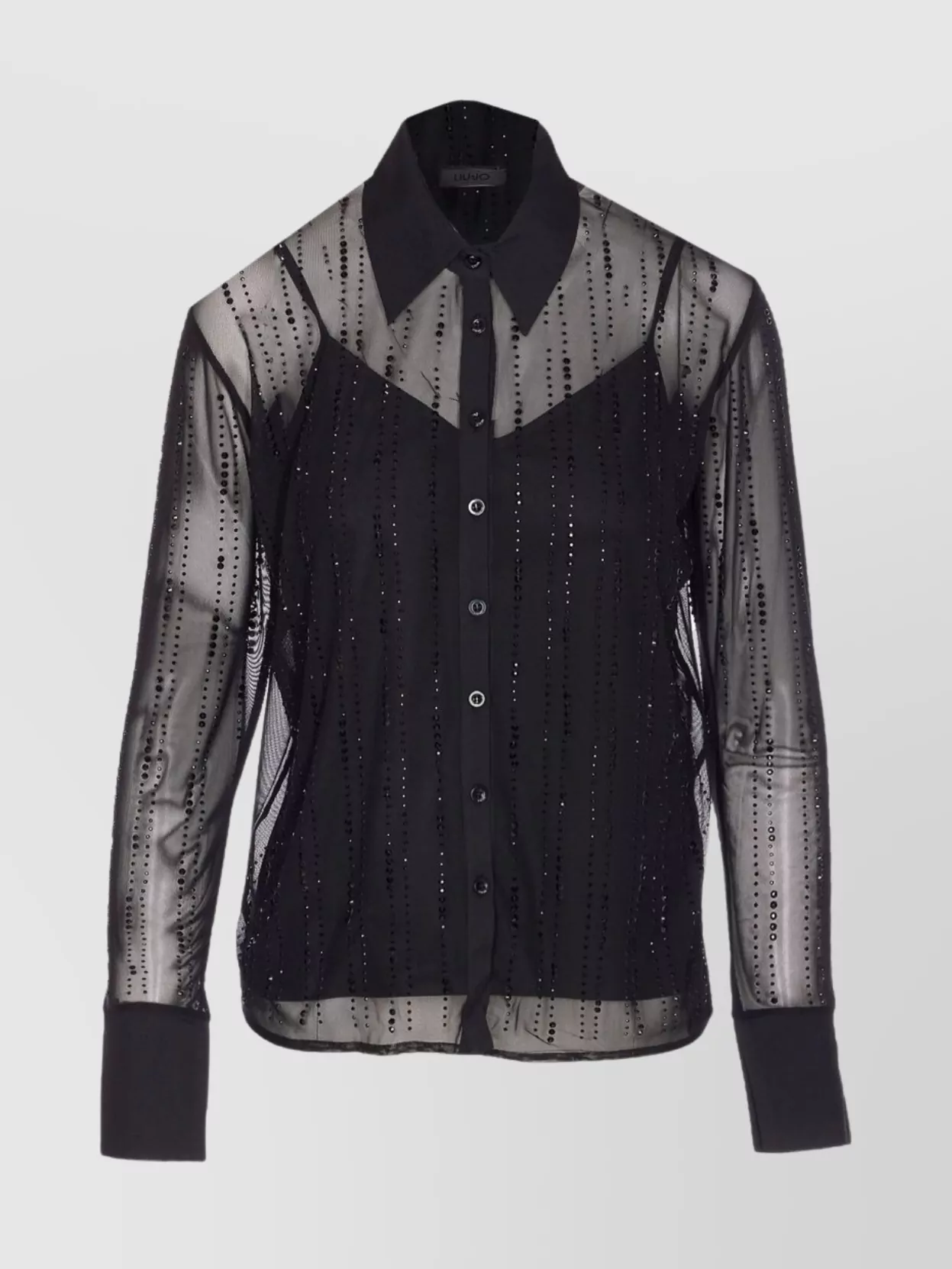 Liu •jo Long Sleeve Sheer Shirt With Crystal Embellishments In Black