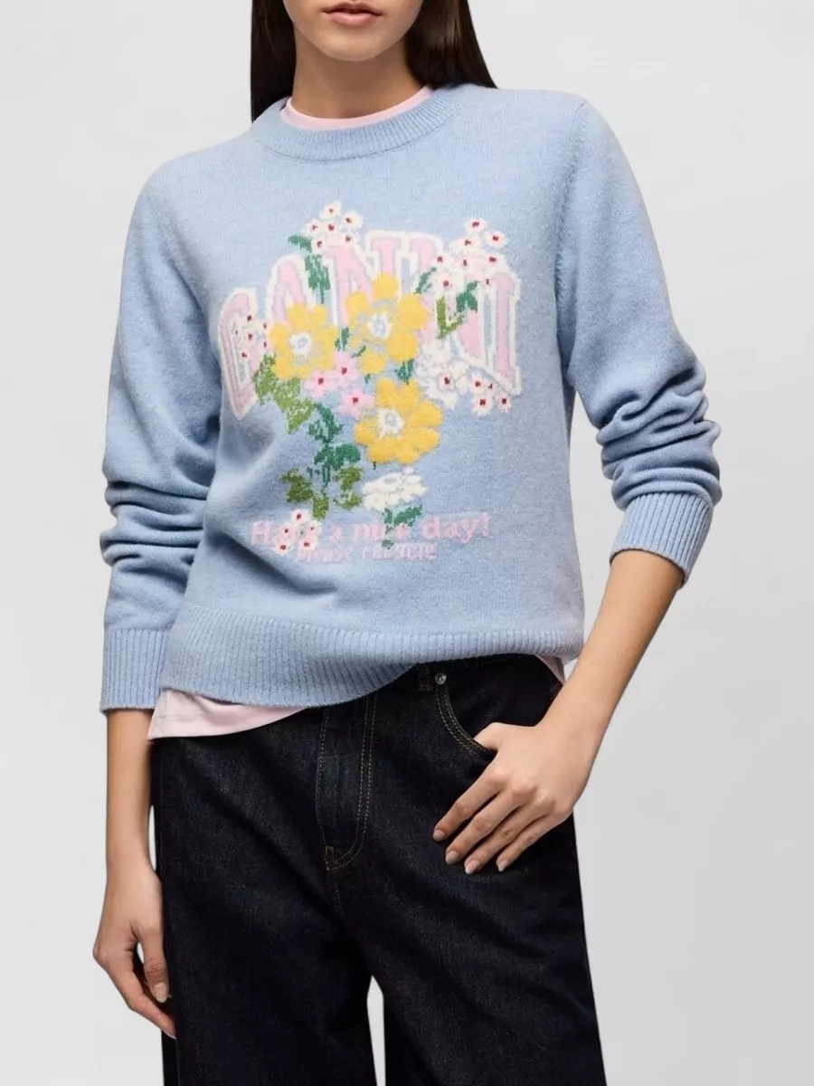 Ganni Floral-Print Ribbed Crewneck Sweater